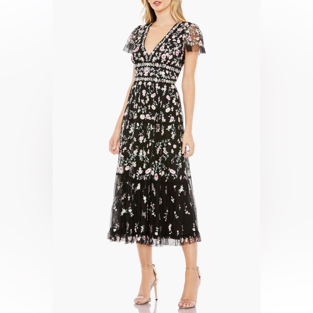Mac Duggal Embroidered V Neck Cap Sleeve Midi Dress